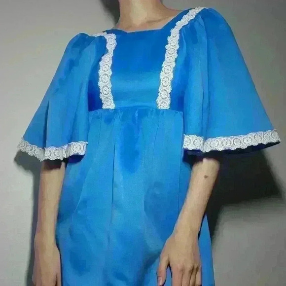 Vintage 70s bright blue babydoll maxi dress with big sleeves & lace ✦ Handmade ✦ - Picture 3 of 16